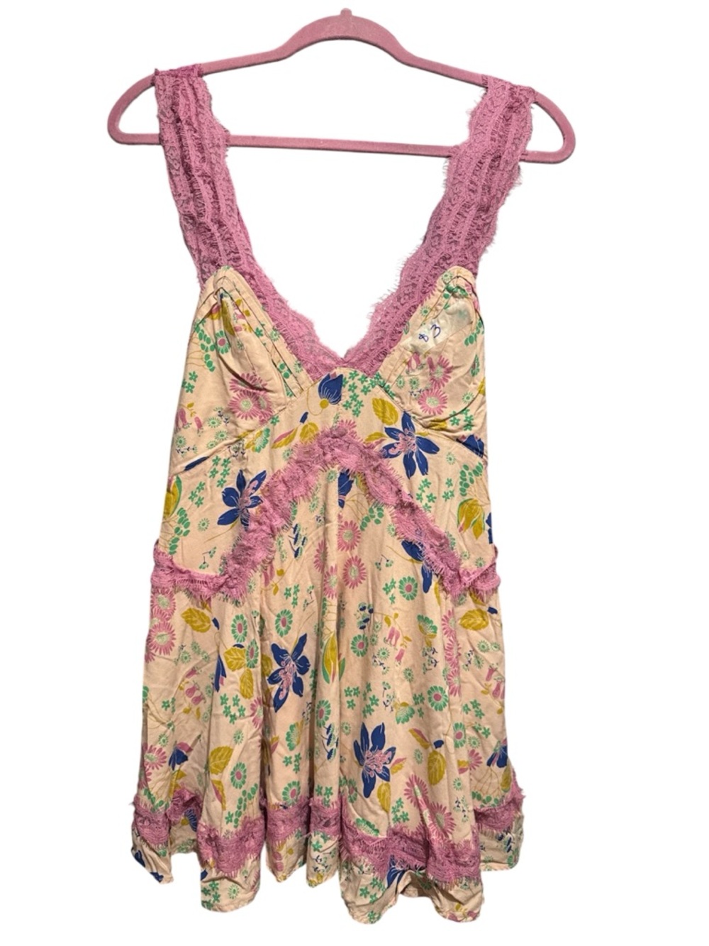 Urban Outfitters Floral Mini Dress with Pink Lace Trim Sz M